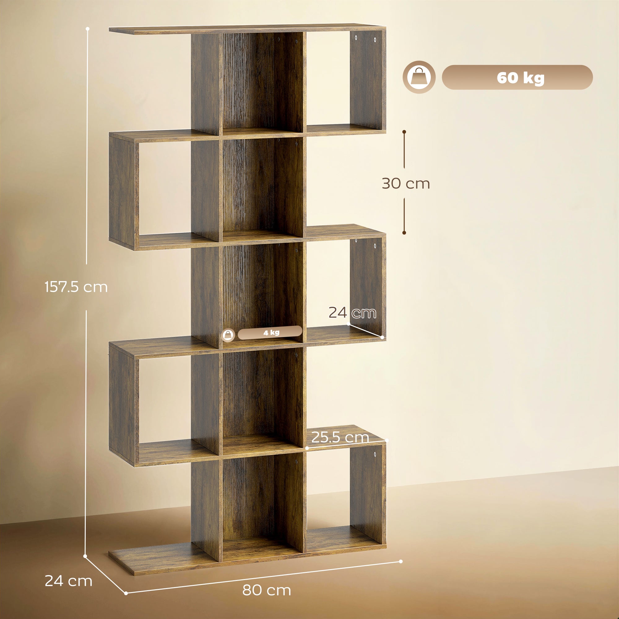 HOMCOM 5-Tier Bookshelf, S Shaped Geometric Bookcase with 15 Compartments, Rustic Brown 