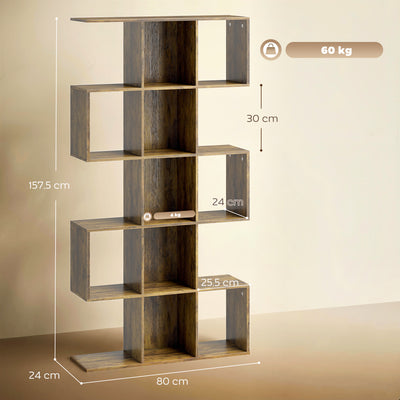 HOMCOM 5-Tier Bookshelf, S Shaped Geometric Bookcase with 15 Compartments, Rustic Brown 