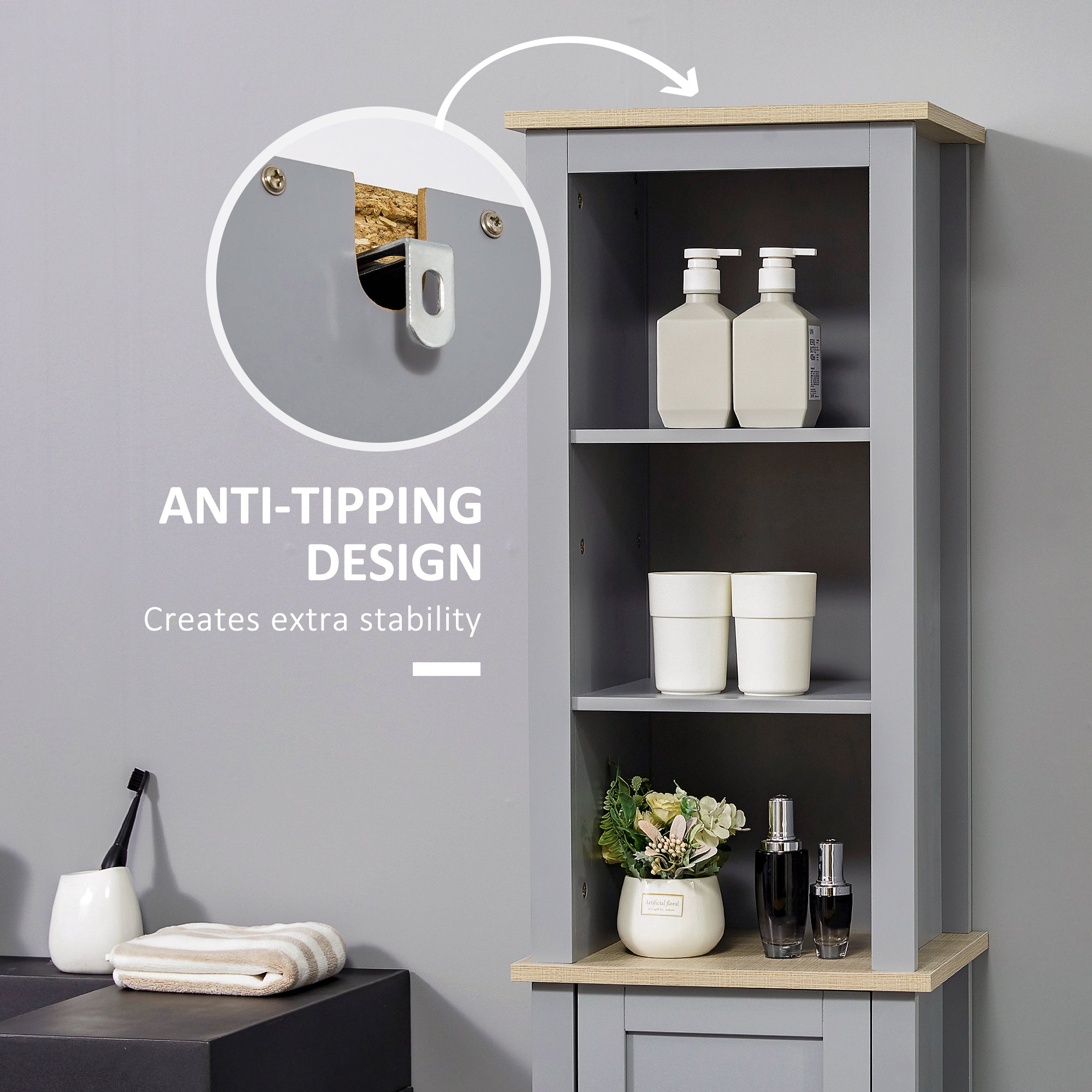 kleankin Bathroom Floor Storage Cabinet with 3 Tier Shelf and Cupboard with Door, Free Standing Linen Tower, Tall Slim Side Organizer Shelves, Grey 