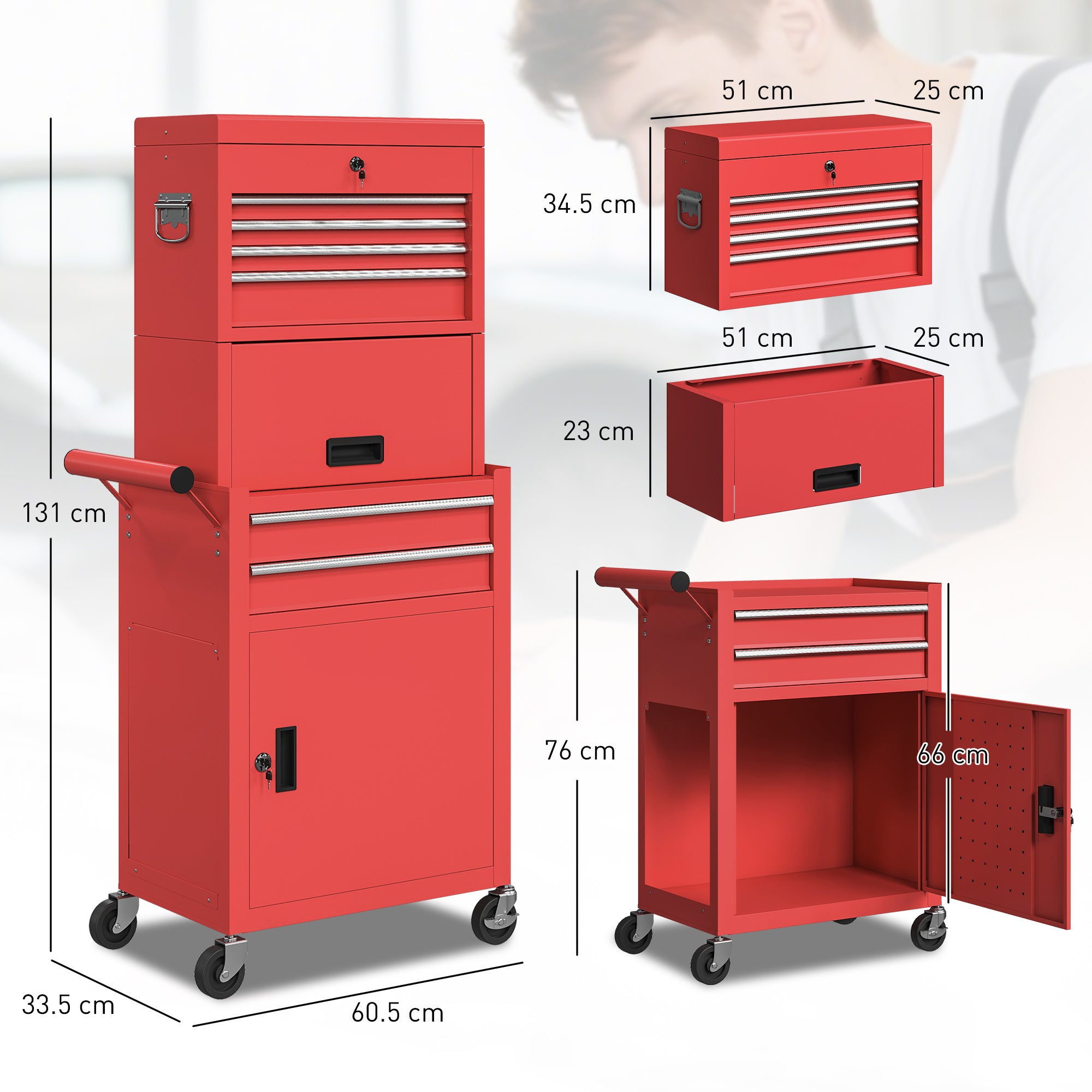 HOMCOM Three-Part Steel Locking Tool Chest - Red 