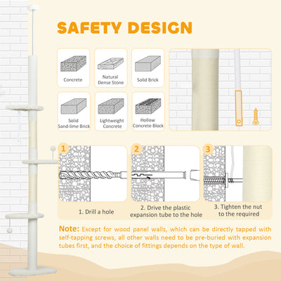 PawHut 225-255 cm Adjustable Cat Climbing Tower with Sisal Scratching Posts, 2 Hanging Play Balls and Anti-Tip Strap, Beige