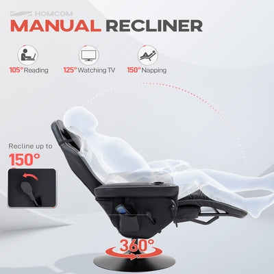 HOMCOM Massage Recliner Chair with Remote, PU Leather Recliner Armchair with Cup Holders and Side Pockets, Racing Style Reclining Chair with Headrest, 360° Swivel, Lumbar Support, Grey 