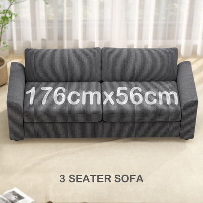 HOMCOM Modern 3 Seater Sofa with Spring Cushion, 212 cm Fabric Jumbo Cord Sofa Couch with 2 Scatter Cushions, Upholstered Corduroy Settee for Living Room, Bedroom, Home Office, Grey 