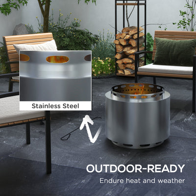 Outsunny Smokeless Fire Pit, 48.5cm Portable Wood Burning Firepit with Poker for Garden Camping Bonfire Party, Stainless Steel, Silver 