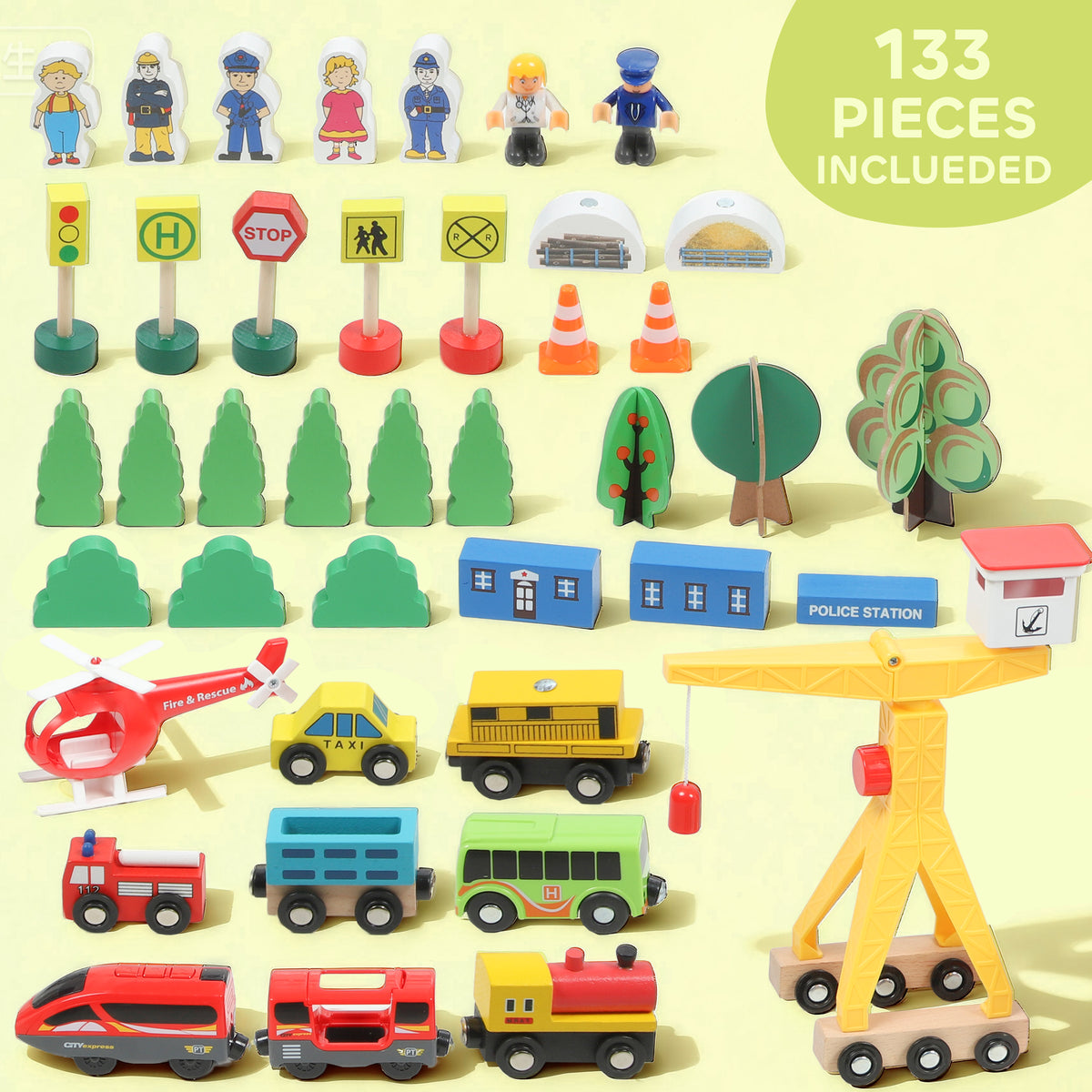 AIYAPLAY 133-Piece Wooden Train Set, Toy Train with Crane, Storage Box, for Kids Ages 3+