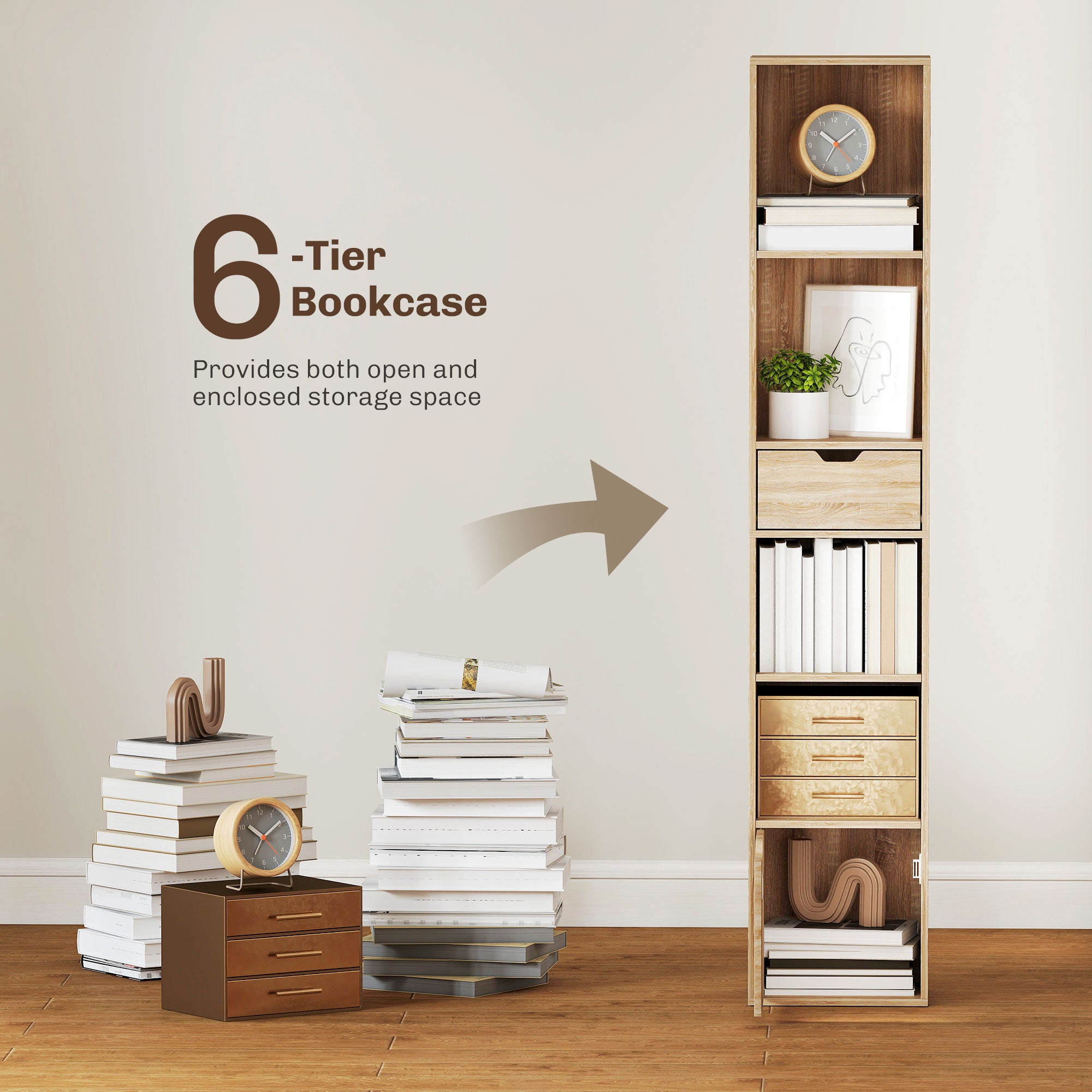 HOMCOM 6-Tier Bookcase, Tall Narrow Bookshelf with Drawer and Door - Natural Wood Finish 