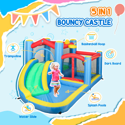 AIYAPLAY Inflatable Bouncy Castle with 550W Blower, Basketball Hoop, Long Slide, Dart Board, Carrying Bag, 385 x 290 x 180 cm 