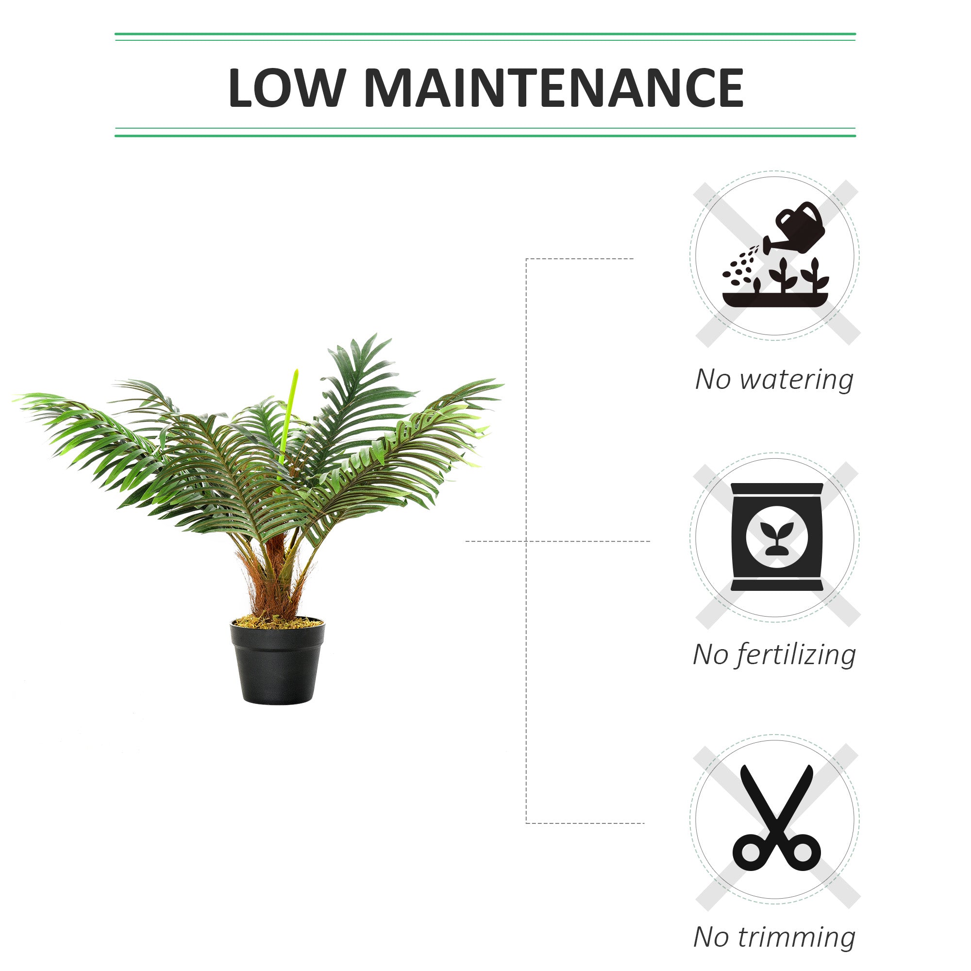 Outsunny 60cm/2FT Artificial Palm Tree Decorative Plant 8 Leaves with Nursery Pot, Fake Tropical Tree for Indoor Outdoor Décor 