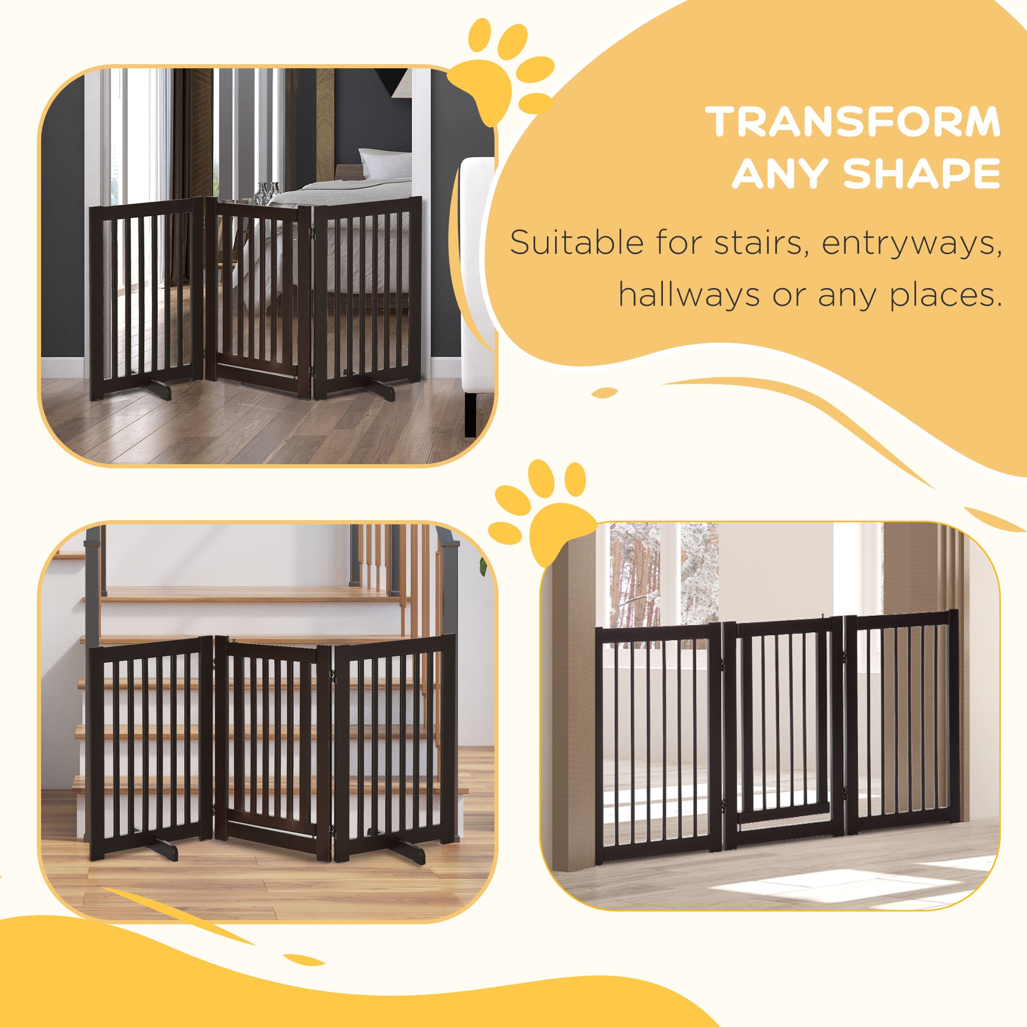 PawHut Freestanding Dog Gate, Foldable Pet Fence, Indoor Barrier, Stair Gate with Support Feet, 155 x 76 cm, Brown 