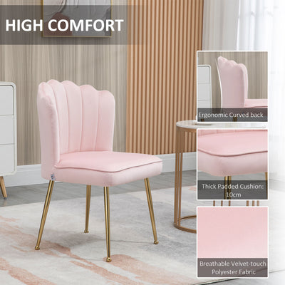 HOMCOM Shell Dining Chairs Set of 2, Upholstered Kitchen Chairs with Gold Metal Legs and Backrest, Velvet Fabric Lounge Leisure Chairs for Living Room, Reception Room, Pink 