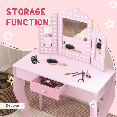 AIYAPLAY Kids Dressing Table Sets with Stool and Tri-Fold Mirror, Drawer for Playroom, Bedroom - Pink 