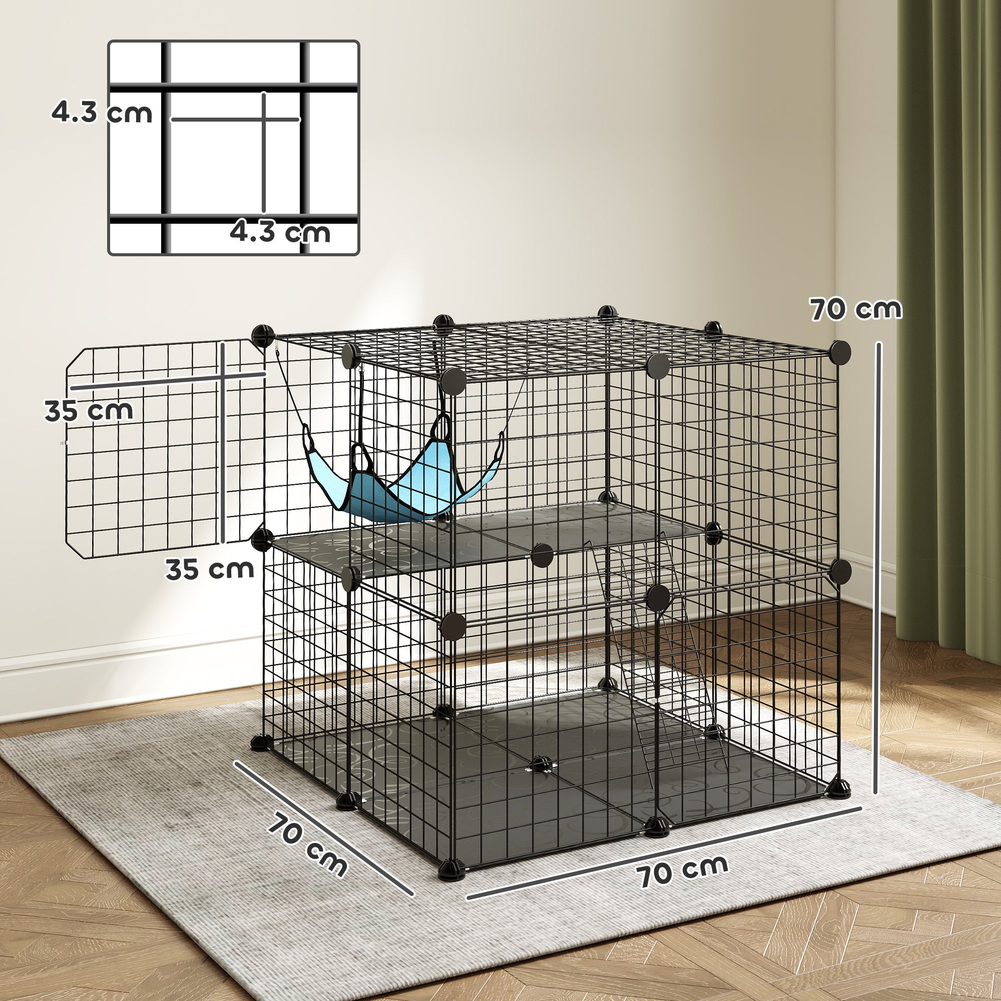 PawHut Indoor Cat Cage DIY Customizable 2-Tier Indoor Cat Enclosure with 2 Doors and Hammock 70 cm Black 