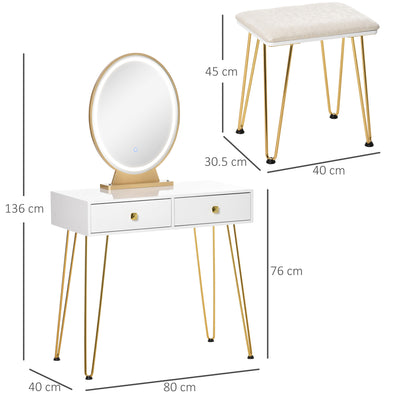 HOMCOM Dressing Table Set with LED Light, Round Mirror, Vanity Makeup Table with 2 Drawers and Cushioned Stool for Bedroom, White 