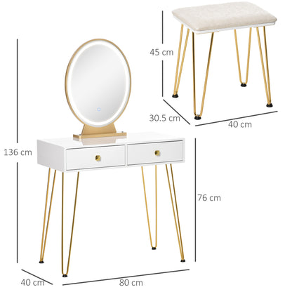 HOMCOM Dressing Table Set with LED Light, Round Mirror, Vanity Makeup Table with 2 Drawers and Cushioned Stool for Bedroom, White 