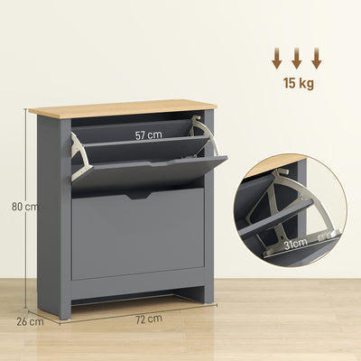 HOMCOM Slim Shoe Cabinet, Narrow Shoe Cupboard with 2 Flip Drawers, Adjustable Shelves for 12 Pairs of Shoes, Charcoal Grey 