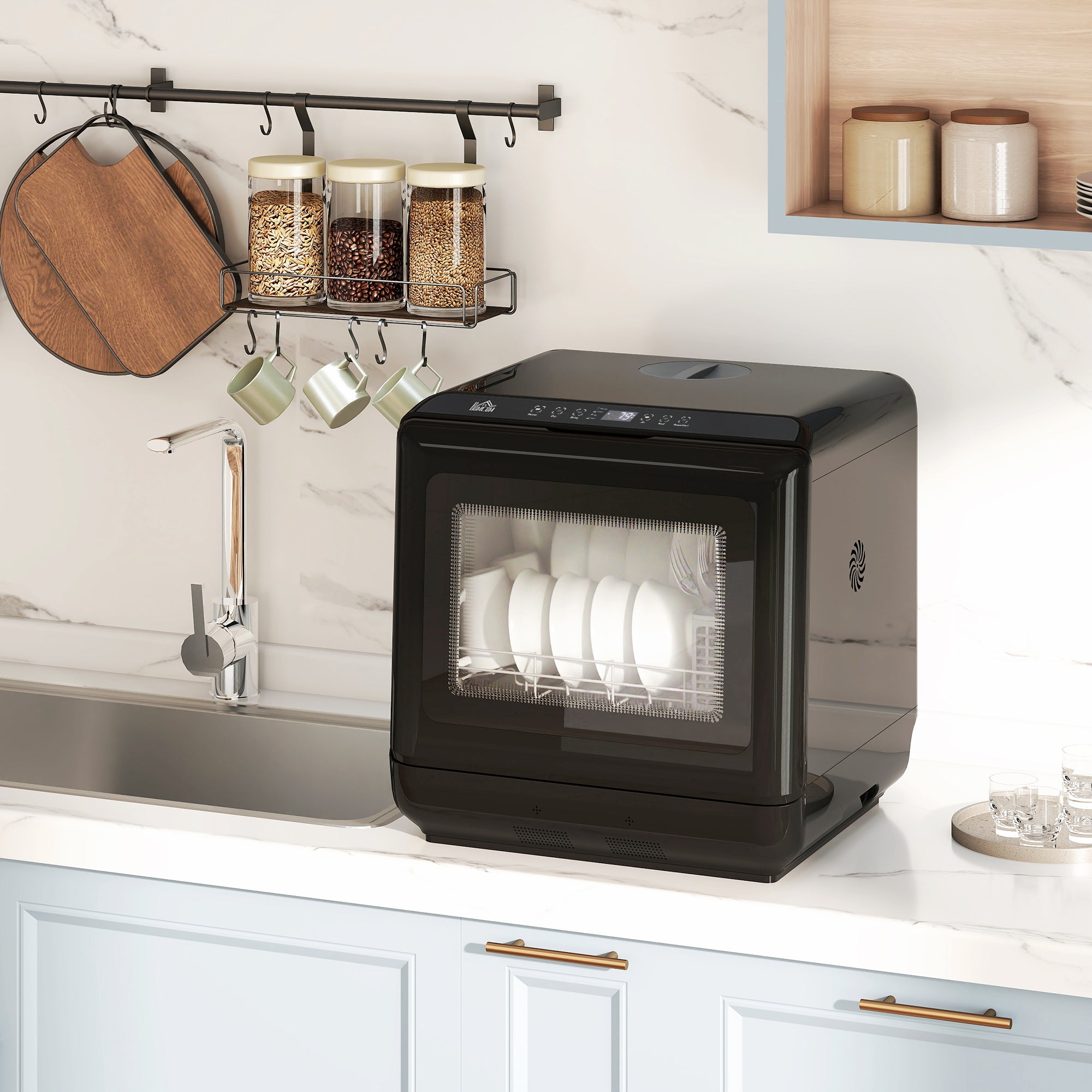 HOMCOM Table Top Dishwasher, Mini Countertop Dishwasher with Built-in 6L Water Tank, 6 Programs, Touch Control, LED Display, 4 Place Settings, Dual Water Supply and Air Drying Function, White