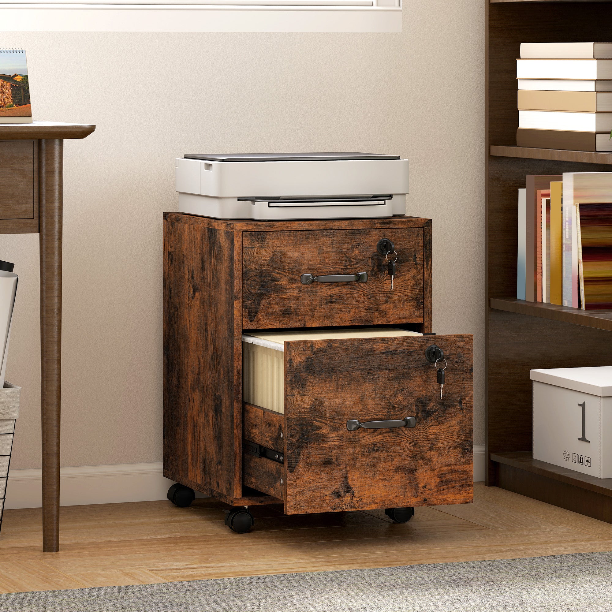 HOMCOM Rolling File Cabinet with 2 Drawers, Mobile Filing Cabinet with Hanging File Folder for Letter Sized Documents, Rustic Brown 