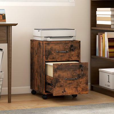 HOMCOM Rolling File Cabinet with 2 Drawers, Mobile Filing Cabinet with Hanging File Folder for Letter Sized Documents, Rustic Brown 
