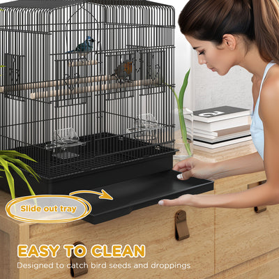 PawHut Large Metal Bird Cage with Perches, Food Bowls, Swing for Budgie, Parakeet, 46.5 x 36 x 59cm, Black 
