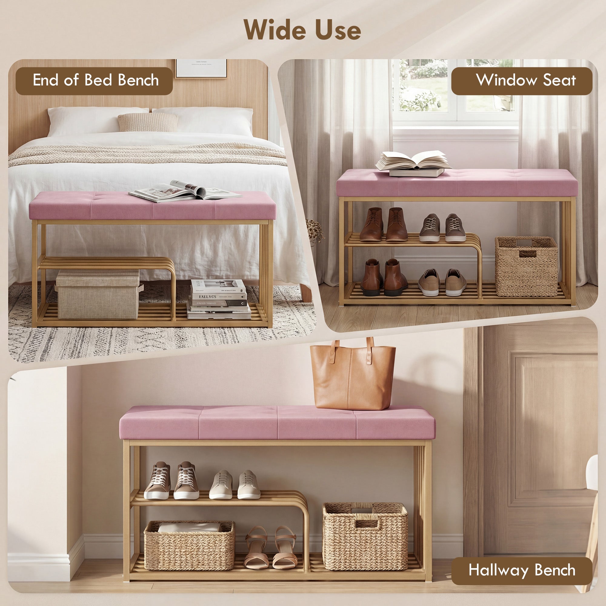 HOMCOM Bench and Shoe Storage, Tufted Shoe Storage Bench with Velvet Seat Cushion Gold Steel Frame for Entryway, Pink 