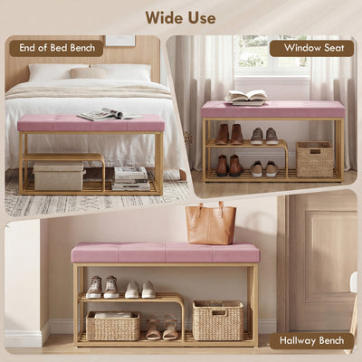 HOMCOM Bench and Shoe Storage, Tufted Shoe Storage Bench with Velvet Seat Cushion Gold Steel Frame for Entryway, Pink 
