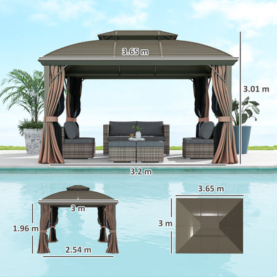 Outsunny 3.65 x 3(m) Hardtop Steel Gazebo Canopy with Aluminium Frame, Double Roof, Net Sidewalls and Curtains, Coffee 