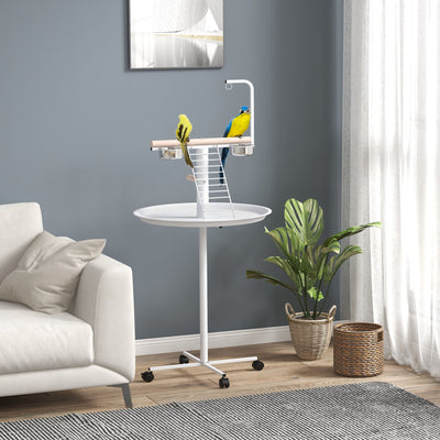 PawHut Bird Stand with Four Wheels, Perches, Stainless Steel Feed Bowls, Round Tray, for Garden, Indoor, Outdoor - White 