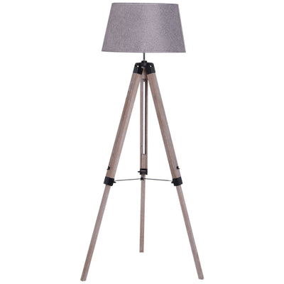 HOMCOM Tripod Floor Lamps for Living Room Bedroom, Modern Adjustable Standing Lamp with Wood Legs, Drum Fabric Shade, 99-143cm, Grey 