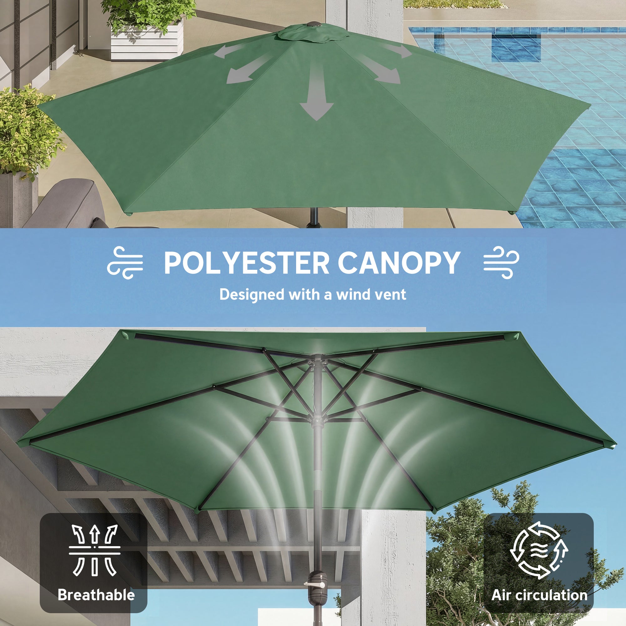 Outsunny 2.6 m Garden Parasol Umbrella with Aluminium Pole, Outdoor Patio Umbrella with Tilt and Crank, Vent, Dark Green 