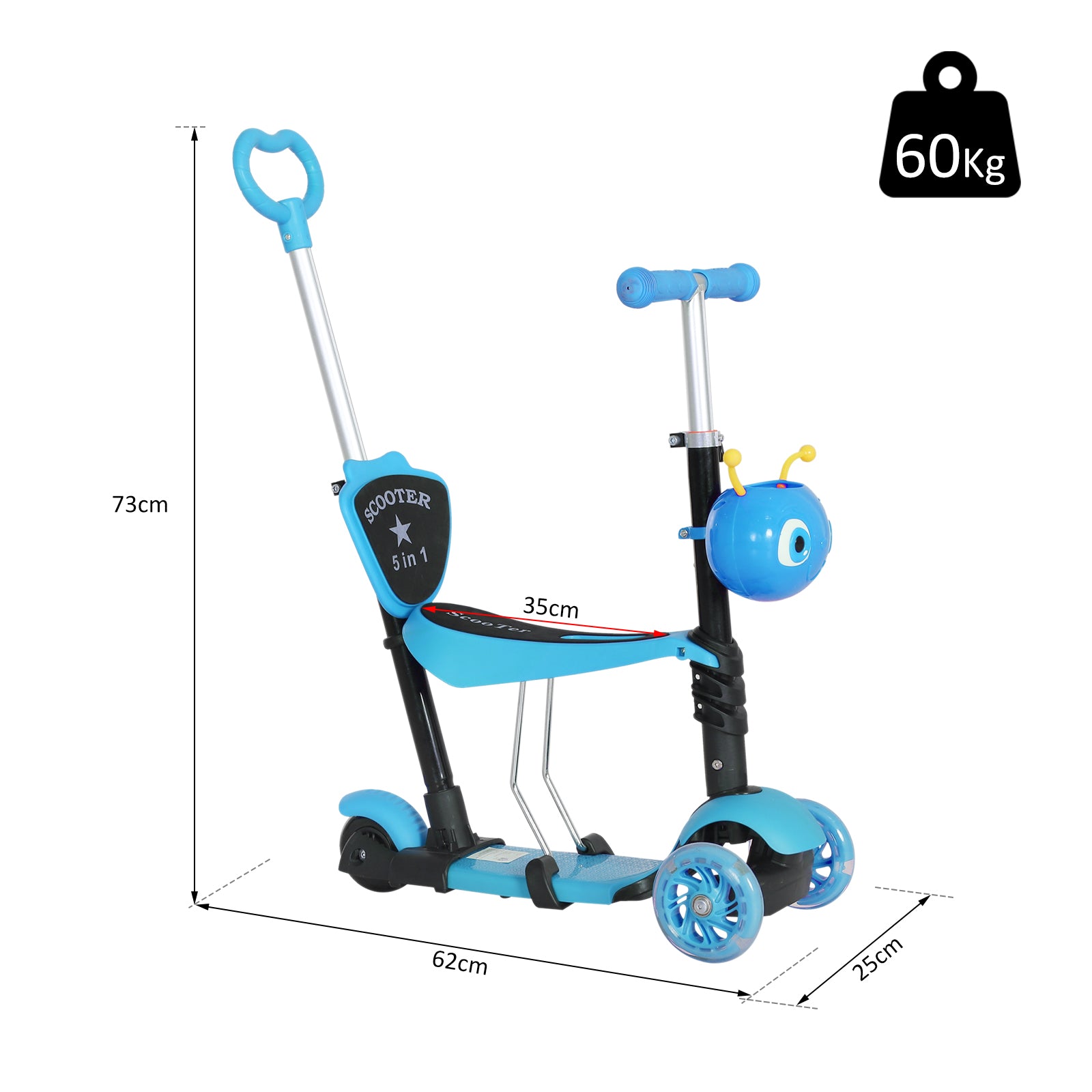 HOMCOM 5 in1 Kids  Scooter 3 Wheel Toddler scooter Kick Scooter with Adjustable Handlebar, Removable Seat & Back Rest for 18 Month+, Blue 