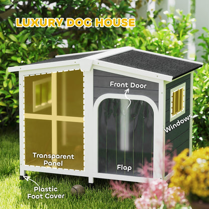 PawHut Wooden Dog Kennel with Removable Floor, Asphalt and Openable Roof, Giant Window for Large Dogs, Charcoal Grey 