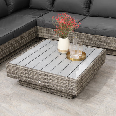 Outsunny 4 PCs Rattan Garden Furniture Outdoor Sectional Corner Sofa and Coffee Table Set  Conservatory Wicker Weave Furniture with Armrest and Cushions - Light Grey 