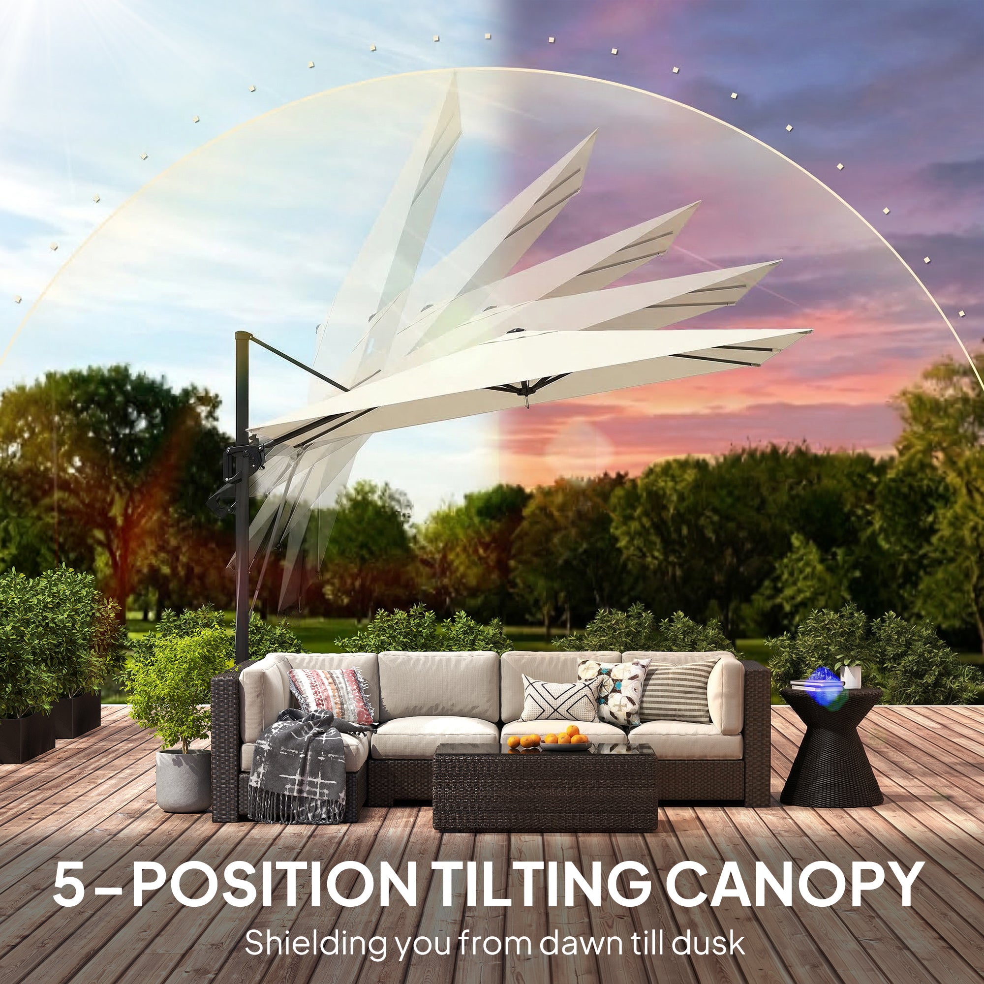 Outsunny 3 x 3 m Garden Cantilever Parasol w/ Light, Cover, UPF50+ Patio Umbrella w/ Wind Protection, 360° Rotation, Cream White 