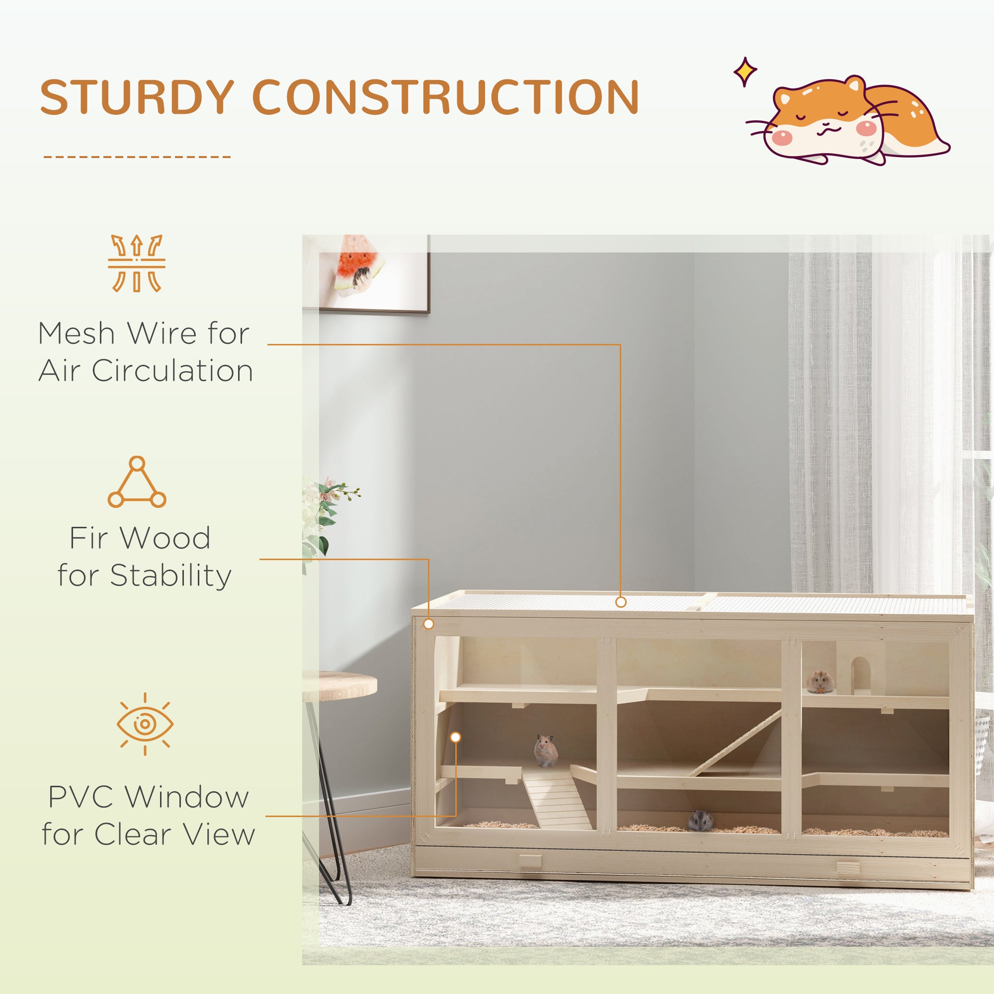 PawHut Wooden Hamster Cage, Small Animals Hutch with Tray, Openable Top, Exercise Play House Pen, 115L x 57W x 55Hcm, Natural 