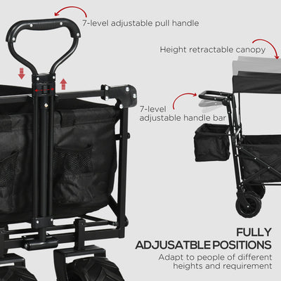 Outsunny Folding Trolley Cart Storage Wagon Beach Trailer 4 Wheels with Handle Overhead Canopy Cart Push Pull for Camping, Black 