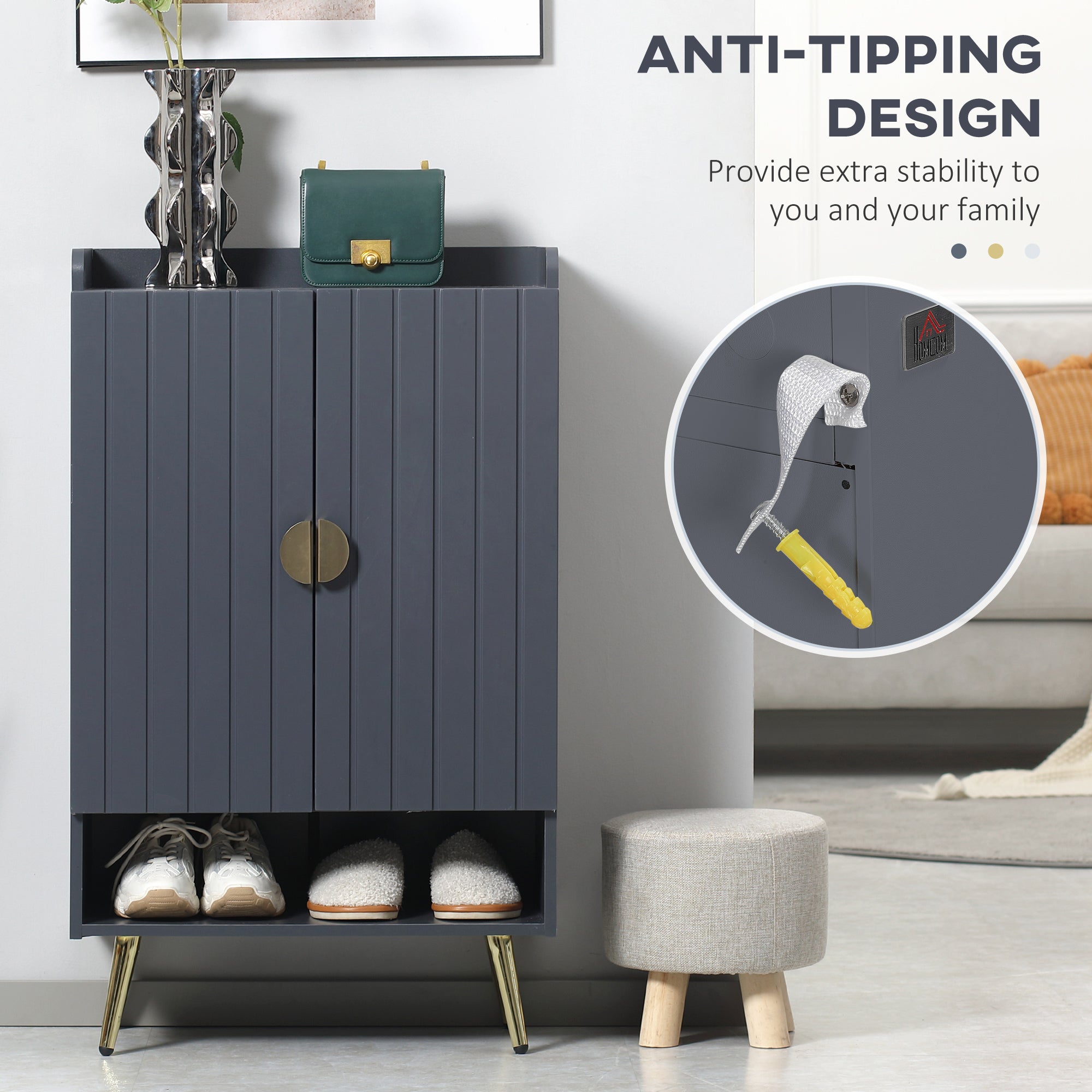 HOMCOM Modern Shoe Cabinet with 2 Doors, Open Shelf and Adjustable Shelves, 15 Pair Hallway Shoe Cupboard, Entryway Storage Unit, Grey