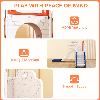 AIYAPLAY 7 in 1 Toddler Slide Set with Basketball Hoop, Climbing Frame, Telescope, Drawing Board, Storage Box, Orange 