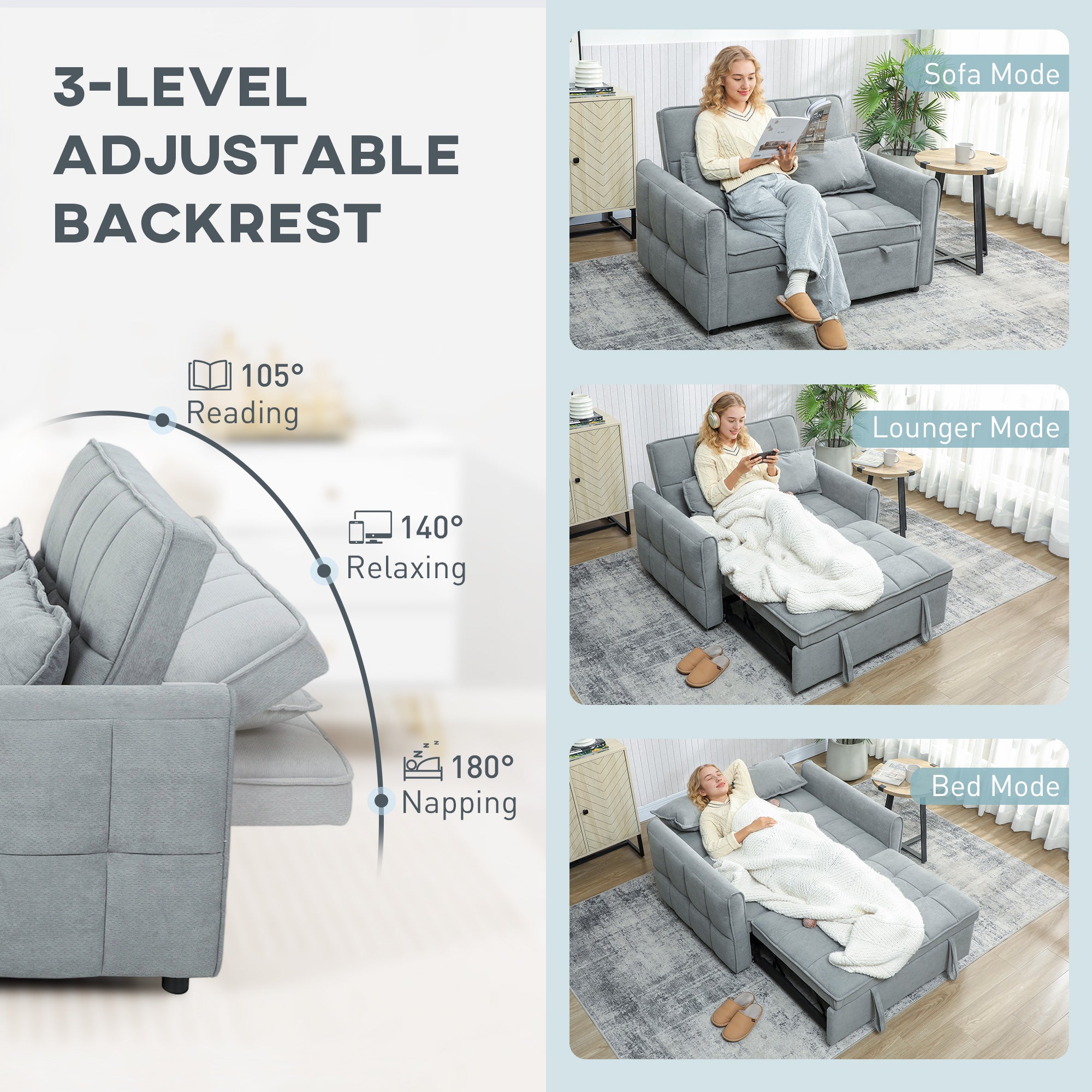 HOMCOM 2 Seater Sofa Bed, 3-in-1 Convertible Sleeper Sofa with Click-clack Adjustable Backrest and 2 Pillows, Grey 