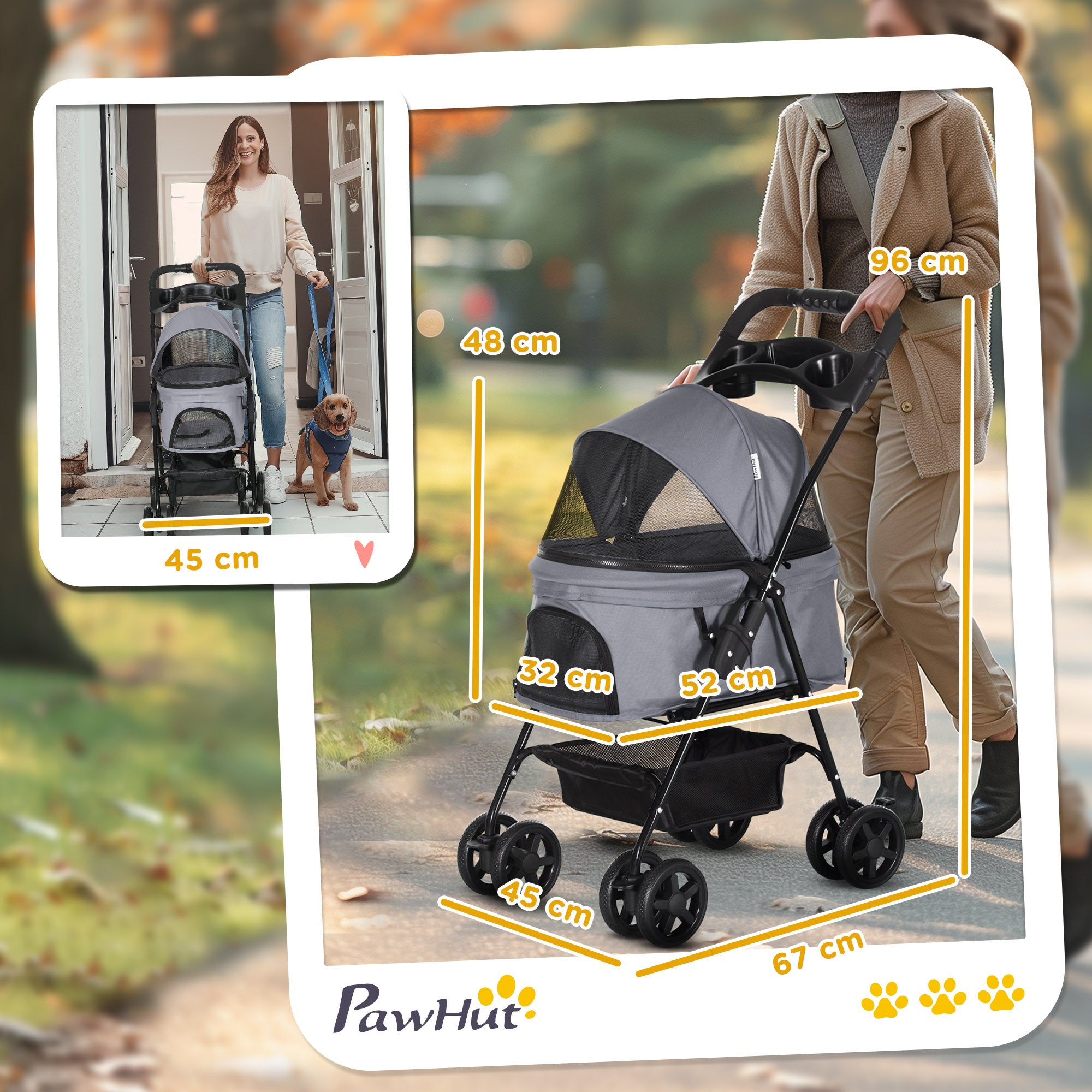 PawHut Dog Pram Dog Stroller Foldable Pet Pushchair with 4 Wheels, Safety Leashes, Cup Holder for Small Dogs, Grey 