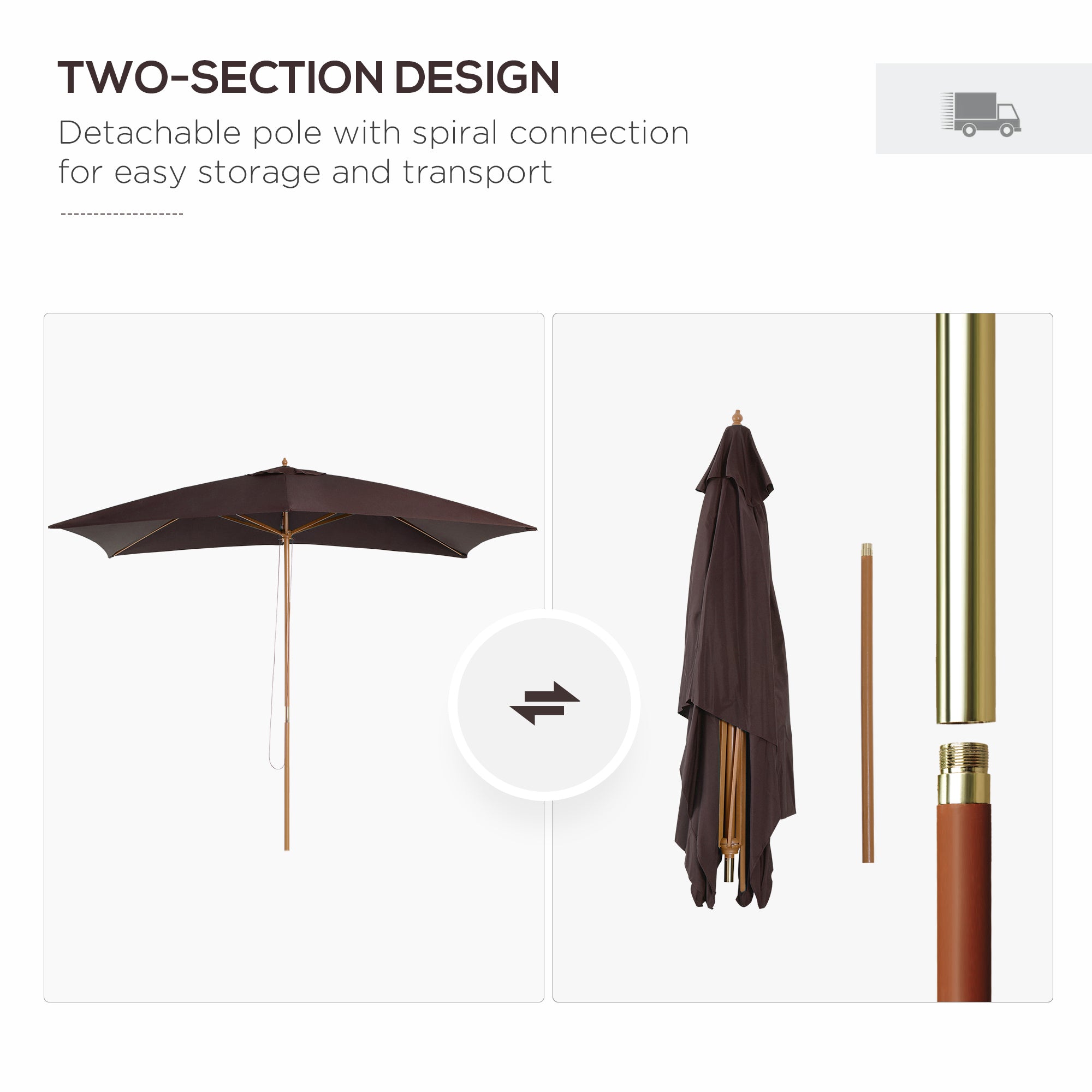 Outsunny 2 x 3m Wooden Garden Parasol Umbrella Outdoor Sun Shade Canopy, Dark Coffee 