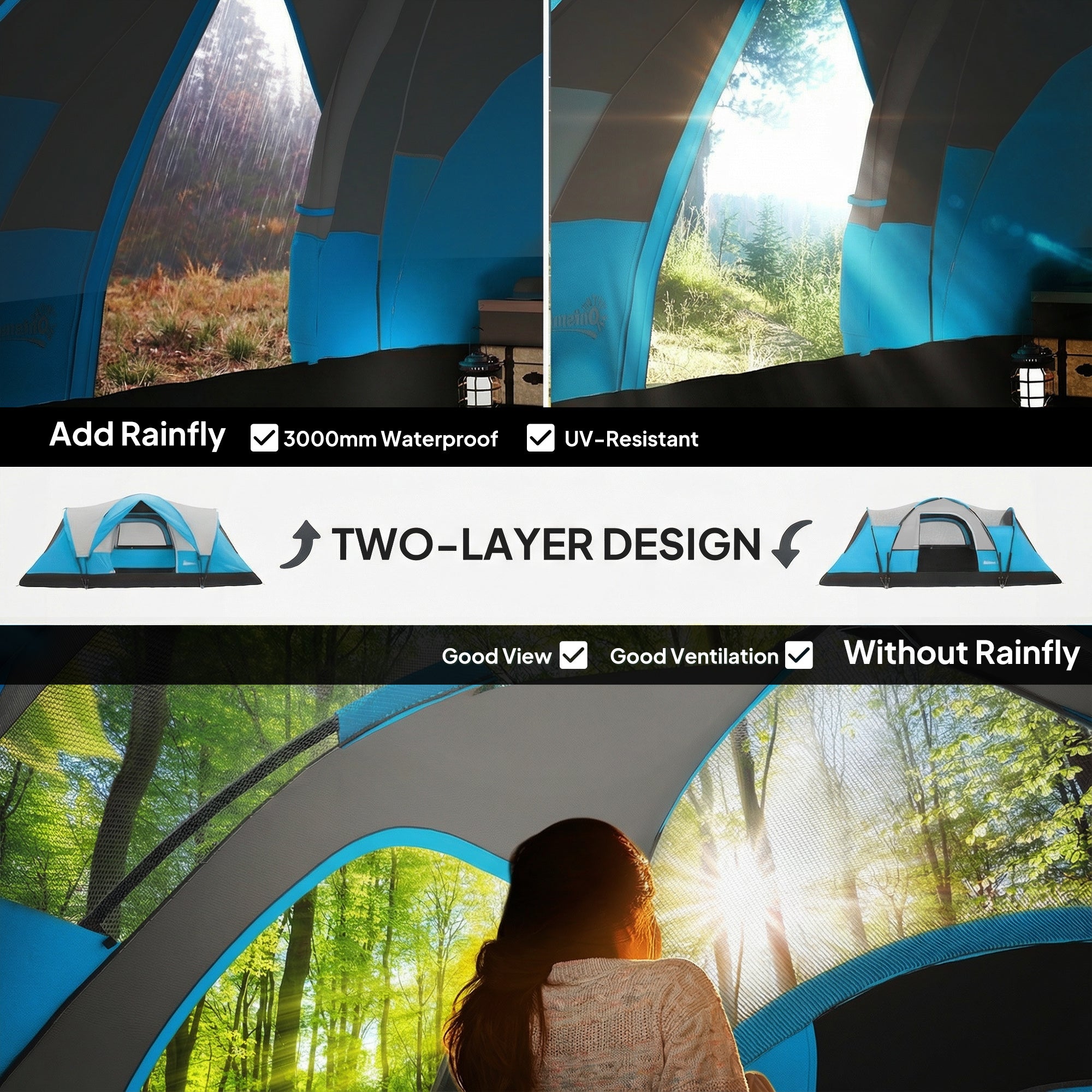 Outsunny 5-6 Man Camping Tent, Tunnel Tent, Water Resistant Hiking Shelter with Groundsheet and Carry Bag, Light Blue 