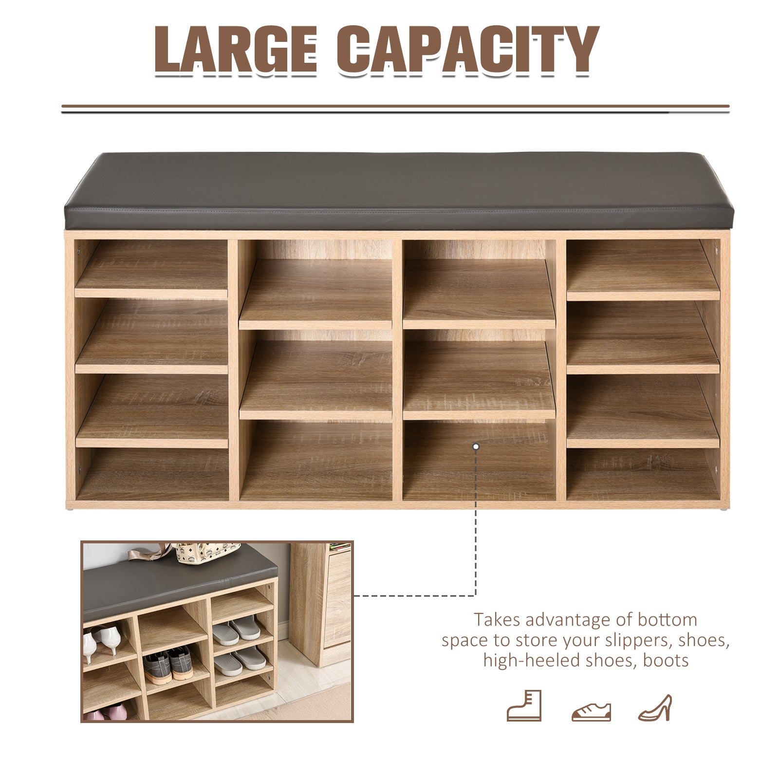 HOMCOM Multi-Storage Shoe Rack w/ 14 Compartments Cushion Moving Shelves Solid Frame Foot Pads Home Office Tidy Organisation Boots Trainers Brown 