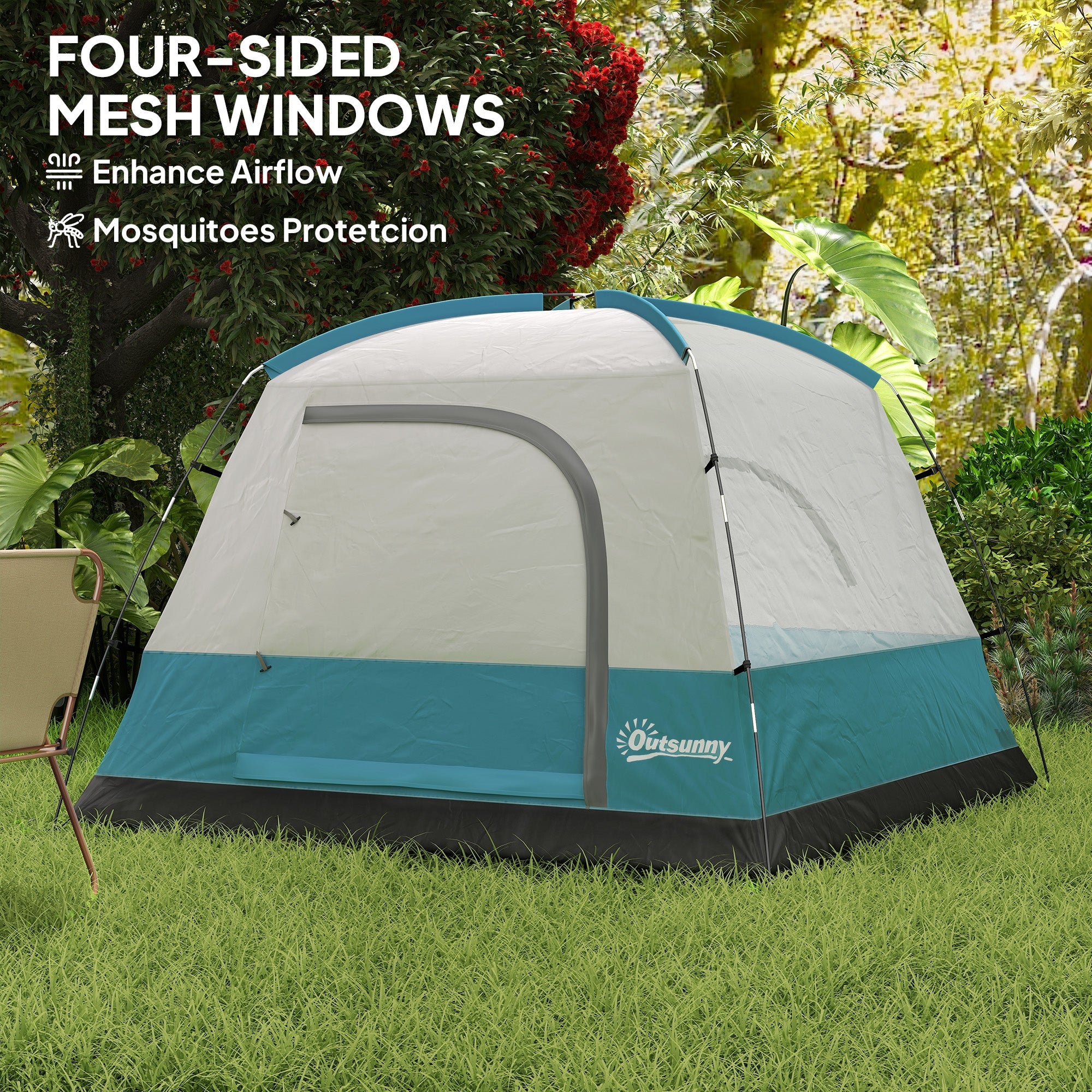Outsunny 3-4 Person Camping Tent, Easy Set Up Waterproof Dome Tent with Sewn-in Groundsheet, Mesh Windows, Pocket and Hook for Camping, Hiking, Backpacking, Navy Blue and Light Blue 