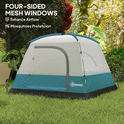 Outsunny 3-4 Person Camping Tent, Easy Set Up Waterproof Dome Tent with Sewn-in Groundsheet, Mesh Windows, Pocket and Hook for Camping, Hiking, Backpacking, Navy Blue and Light Blue 