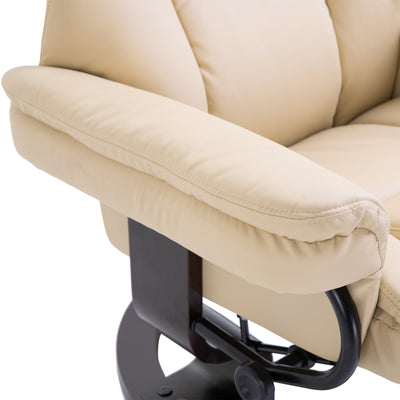 HOMCOM Faux Leather Recliner Chair and Footstool, Swivel Upholstered Armchair and Footstool with Adjustable Backrest, Solid Wood Base for Living Room, Cream 