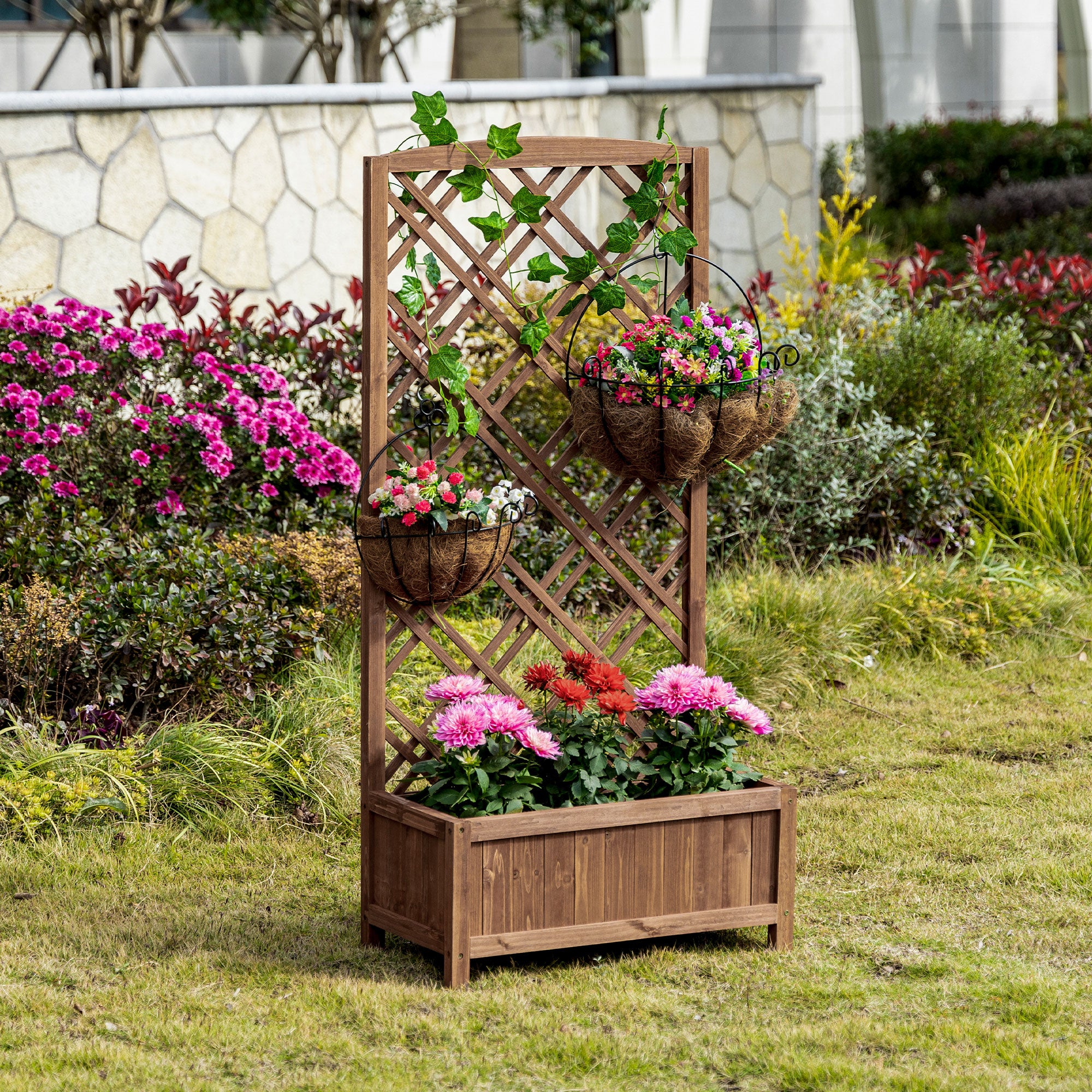 Outsunny Garden Planter with Trellis, Wooden Raised Bed for Garden with Lattice Trellis for Vegetables, Herbs and Flowers, Brown 
