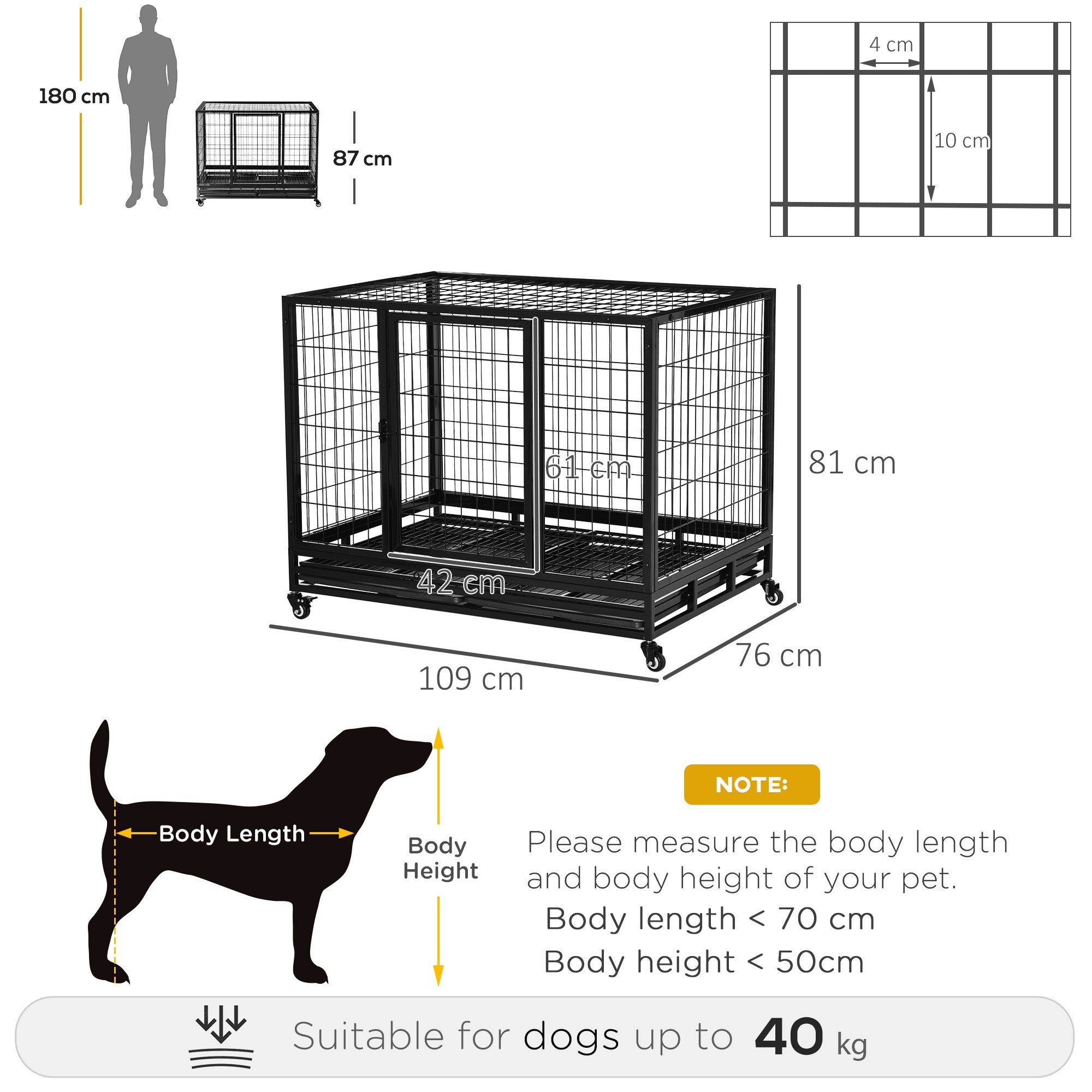PawHut 43" Heavy Duty Metal Dog Crate Pet Cage with Tray Wheeled Dog Kennel - Black (Large) 