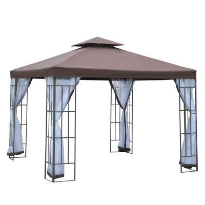 Outsunny 3 x 3(m) Patio Gazebo Canopy Garden Pavilion Tent Shelter with 2 Tier Roof and Mosquito Netting, Steel Frame, Coffee 