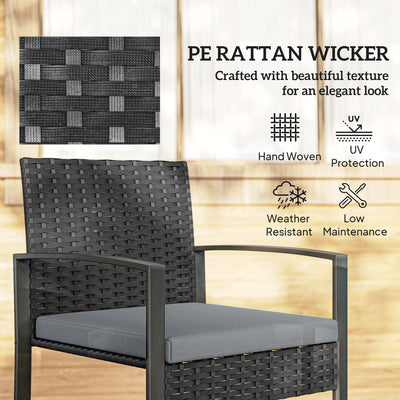 Outsunny Rattan Bistro Set, 3 Piece Garden Furniture Set with Glass Top Table and Cushions, Light Grey 