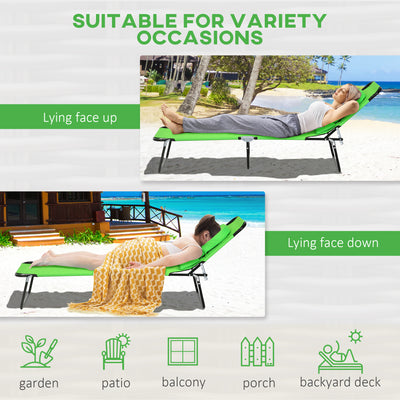 Outsunny Outdoor Foldable Sun Lounger Set of 2, 4 Level Adjustable Backrest Reclining Sun Lounger Chair with Pillow and Reading Hole, Green 